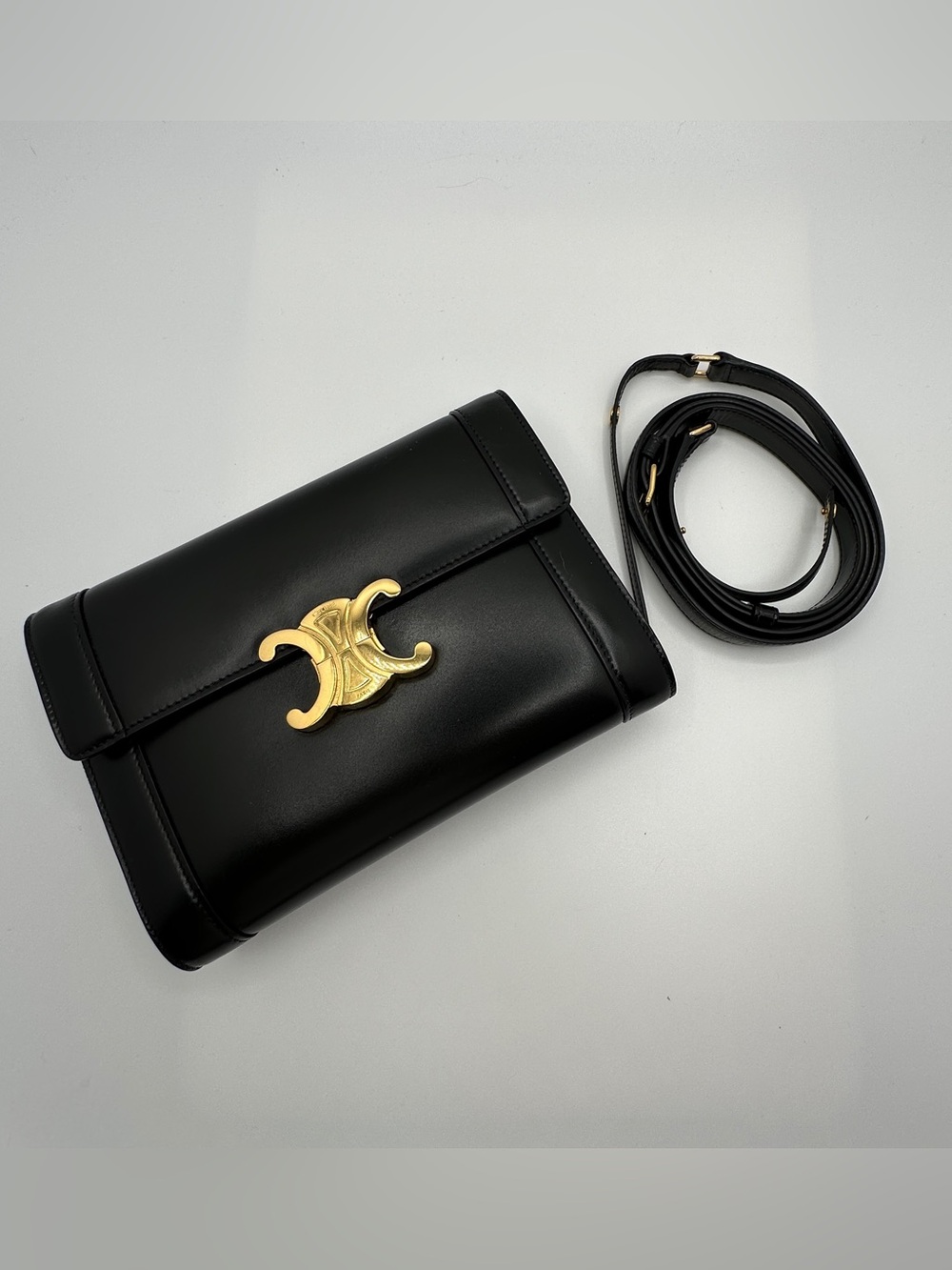 Celine Triomphe Convertiable Frame Clutch Bag Black Leather Gold Hardware